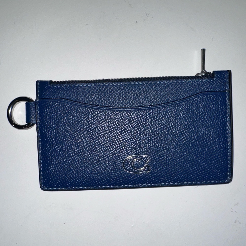 Coach Pebbled Leather Zip Card Case Wallet | Blue | Key Ring